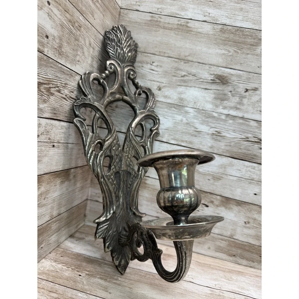 VTG Hollywood Regency Ornate Metal Wall Sconce Candle Holder Gothic Silver Plate